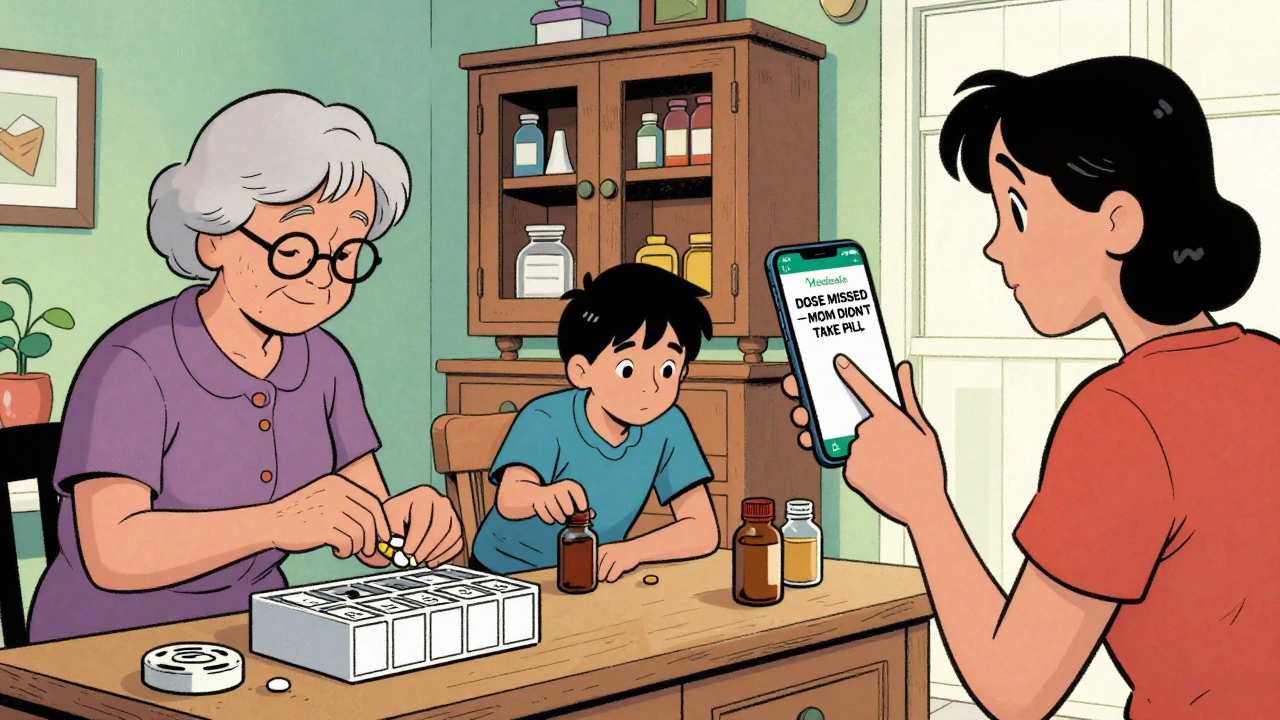 Family scene with grandmother taking medicine, grandchild reaching for pills, mother showing a medication app alert on phone.
