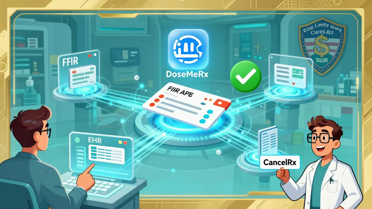 FHIR-connected system with AI flagging dosage error, doctor clicks CancelRx, government funding icon in background.