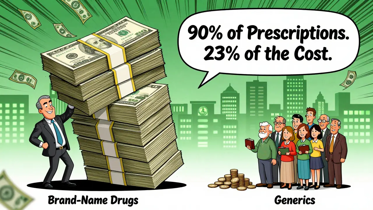 Giant scale comparing towering brand-name drug costs to tiny generic pile, people smiling as money flows back to them.
