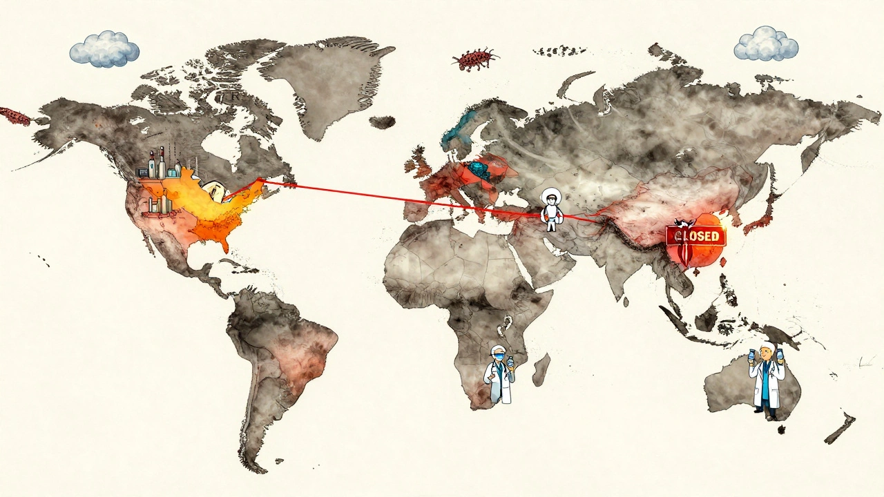 Global map showing antibiotic supply chains breaking down from factories to clinics.