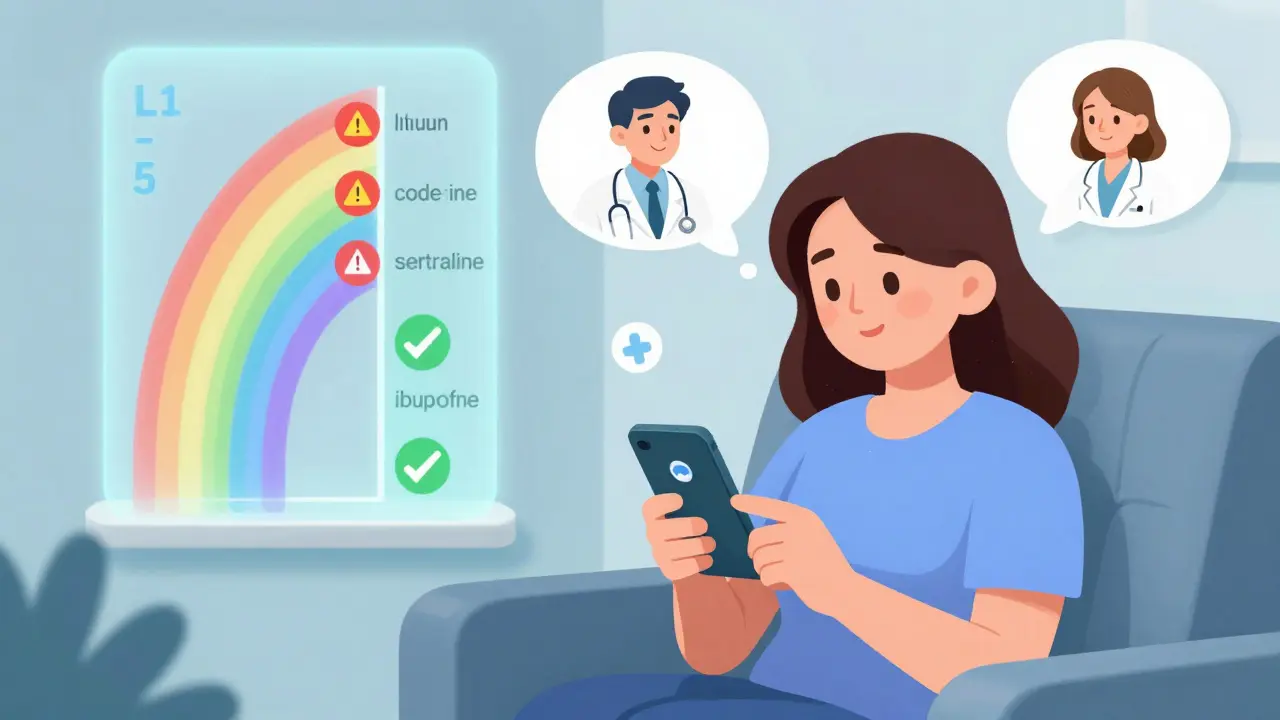 Mother checks LactMed app on phone as doctor and lactation consultant approve, with drug safety scale in background.