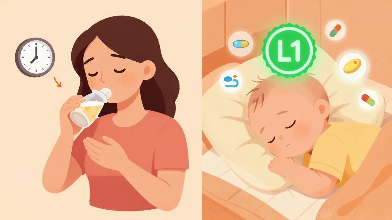 Mother takes ibuprofen after feeding; baby sleeps peacefully with L1 safety badge glowing above.