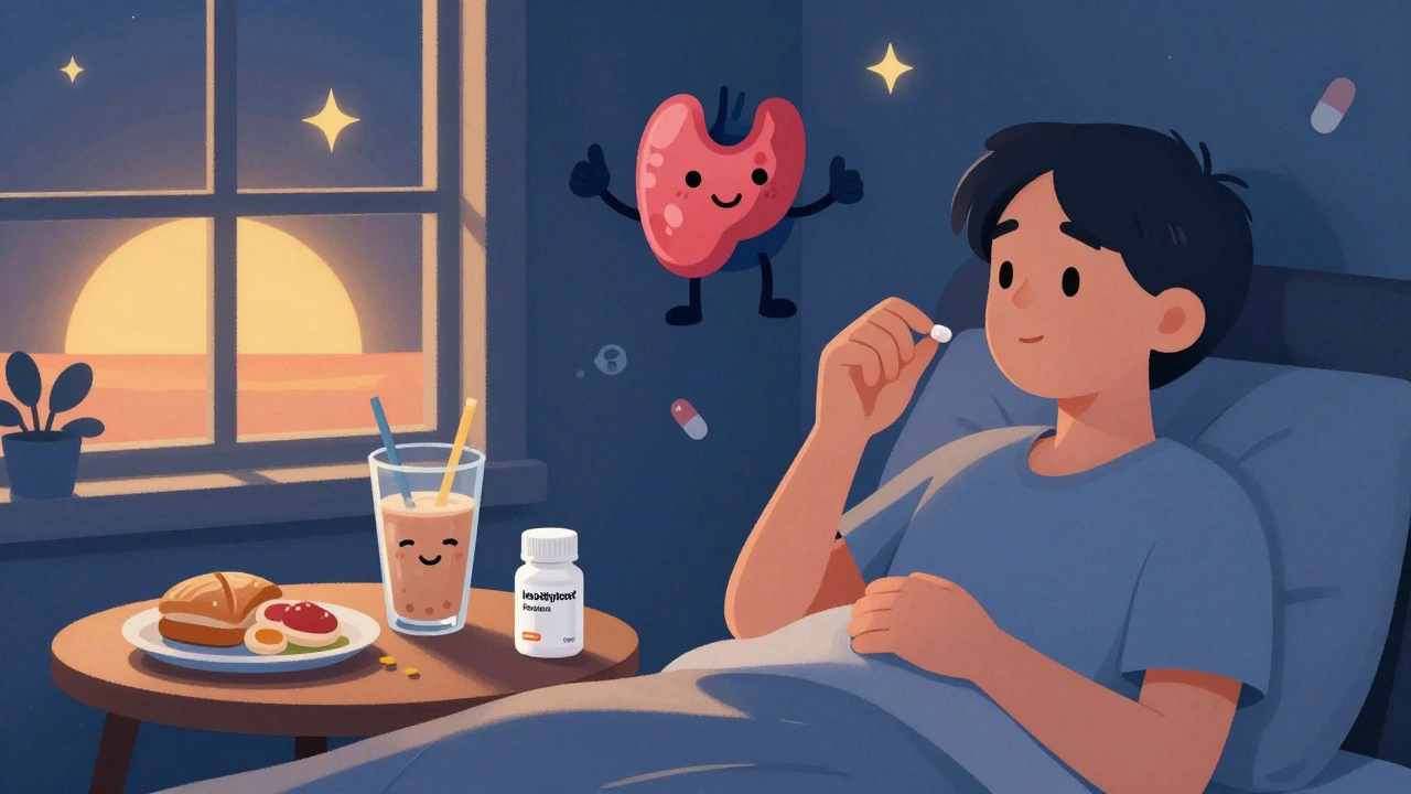 Nighttime thyroid medication dose with protein shake ready for morning, thyroid smiling in starry sky.