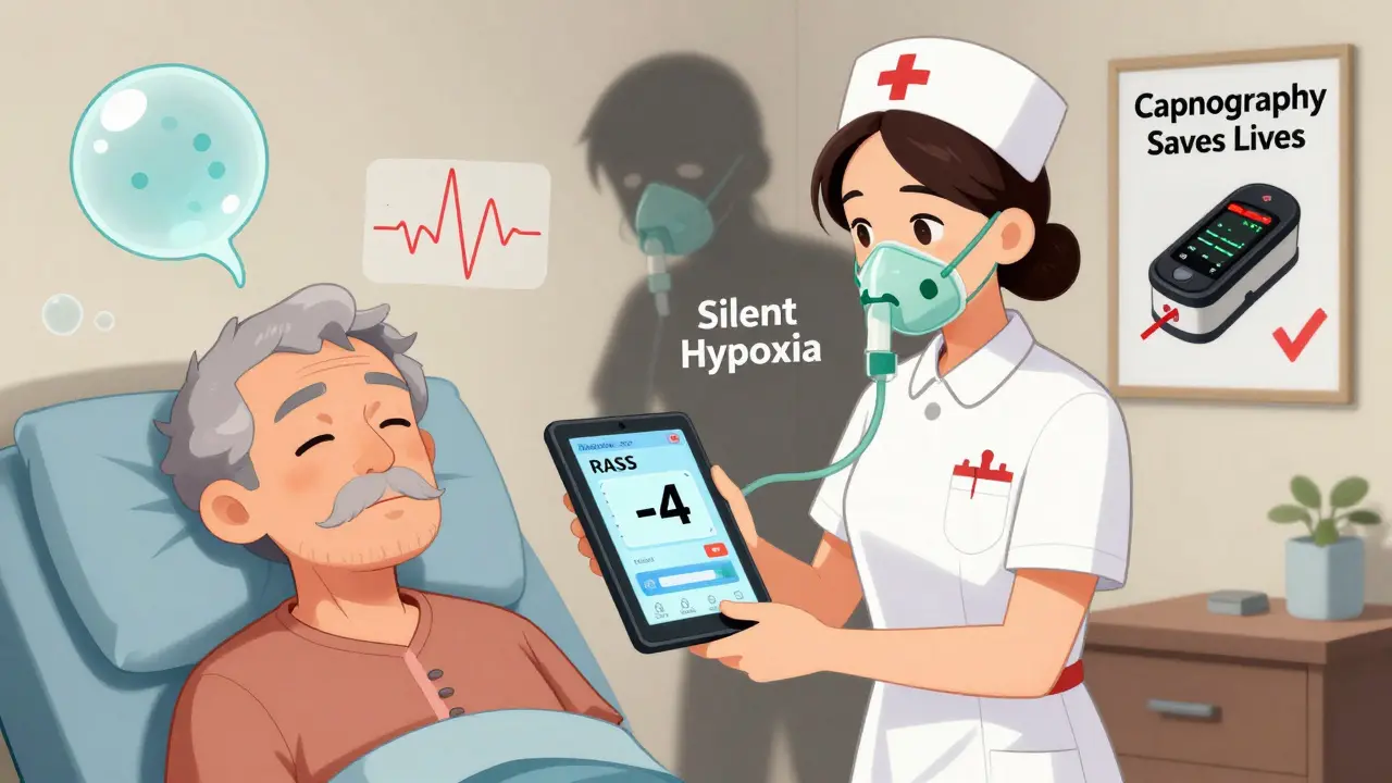 Nurse using RASS scale to assess sedation level in senior, with visual indicators of shallow breathing and silent hypoxia.