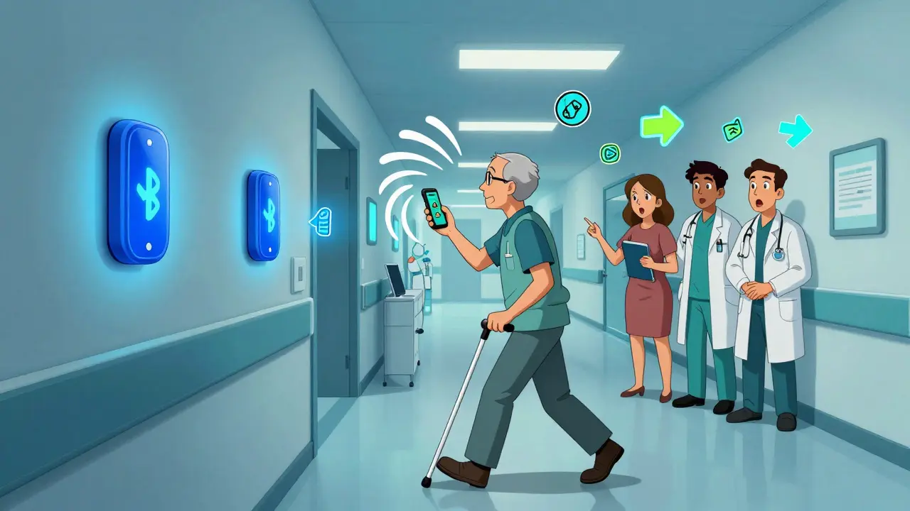 Patient navigating a hospital hallway with audio guidance icons floating from phone, blue beacons on walls.