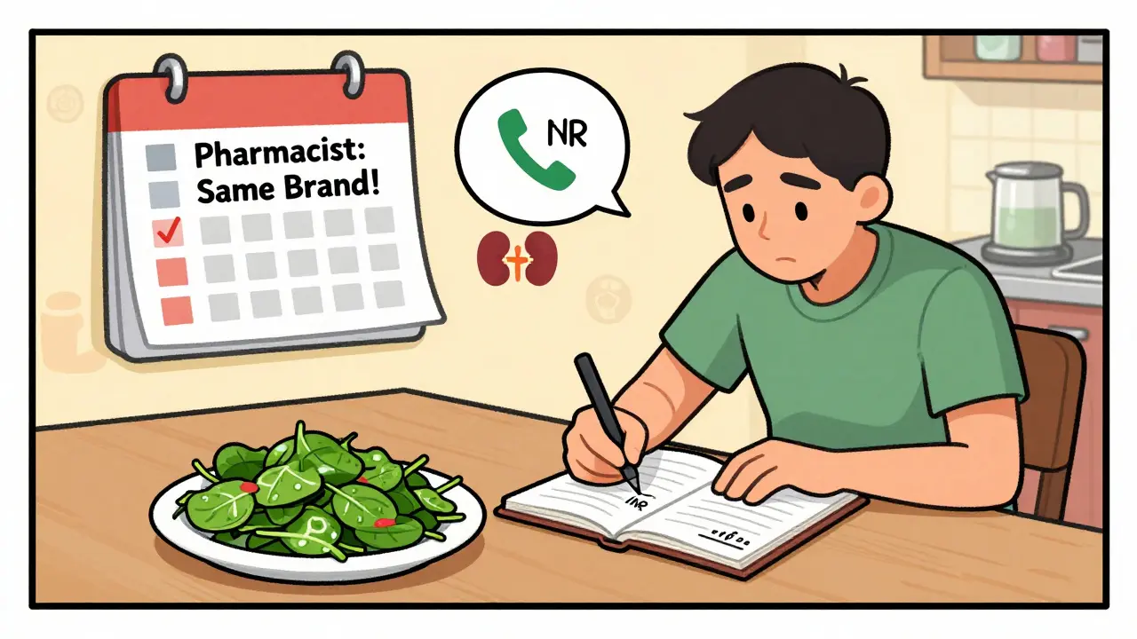 Patient tracking INR in notebook beside consistent spinach meal, with pharmacy call reminder on wall.