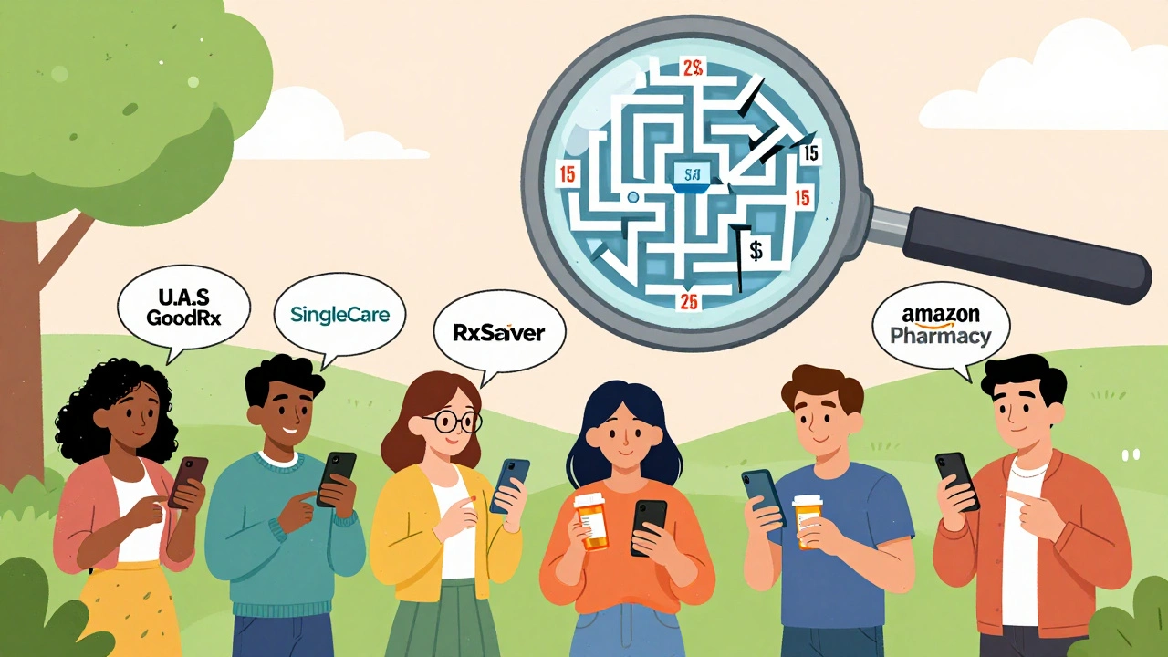 People in park comparing drug prices from multiple apps, magnifying glass revealing broken pricing system.