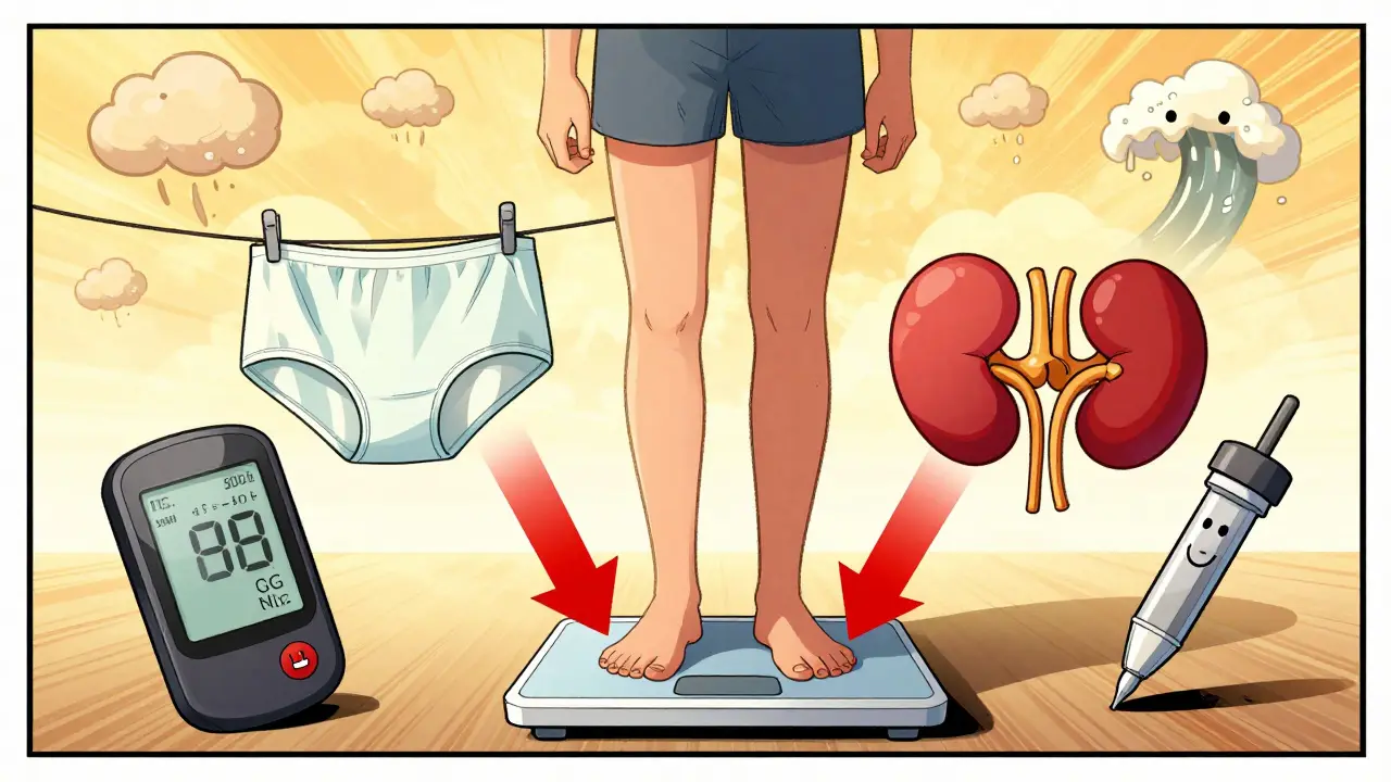 Person celebrating weight loss with health symbols like CGM, clean underwear, and heart-shaped kidney.