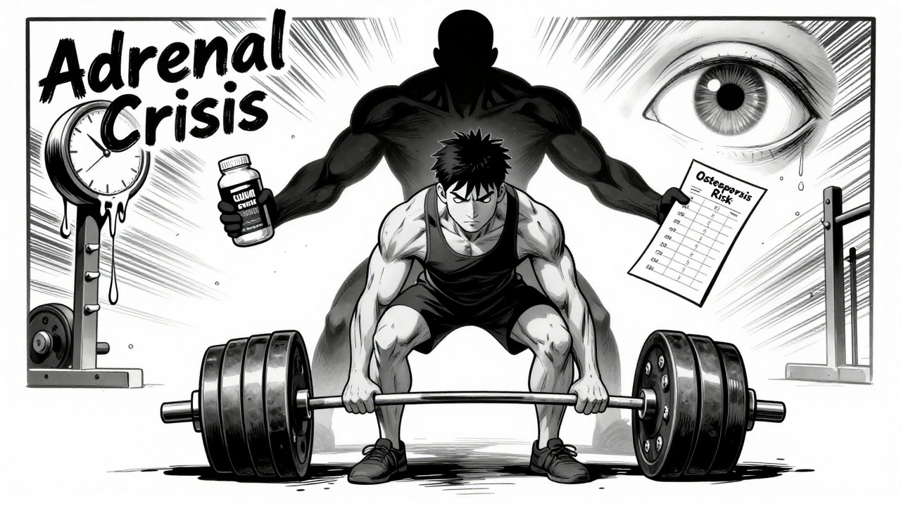 Person exercising while taking calcium supplements, with shadowy adrenal crisis figure and floating cataract eyes in background.