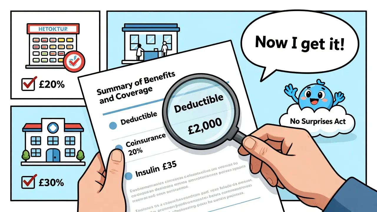 Person reading insurance document with key terms highlighted, surrounded by shrinking medical cost icons.