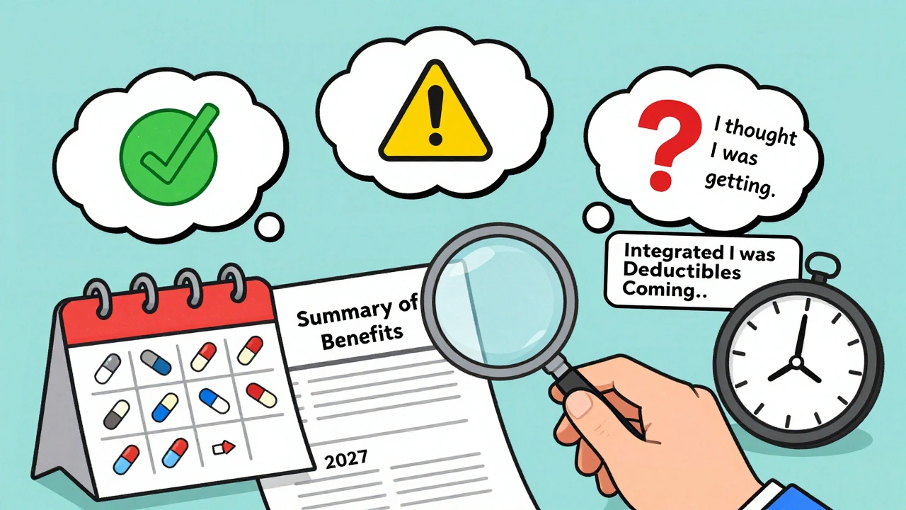 Person using a magnifying glass to examine insurance documents with three plan types as floating comic bubbles, calendar showing prescription payments.