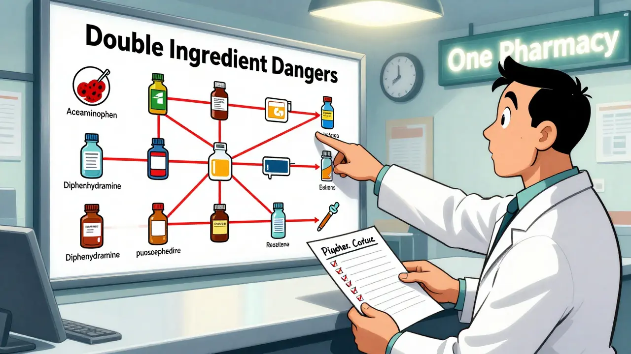Pharmacist explaining medication overlaps using a warning chart, patient holding a handwritten list, comic book style.