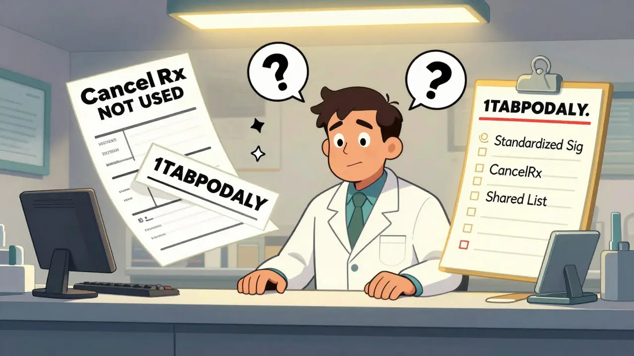 Pharmacist faces conflicting prescriptions, six safety fixes glowing nearby as digital chaos surrounds them.