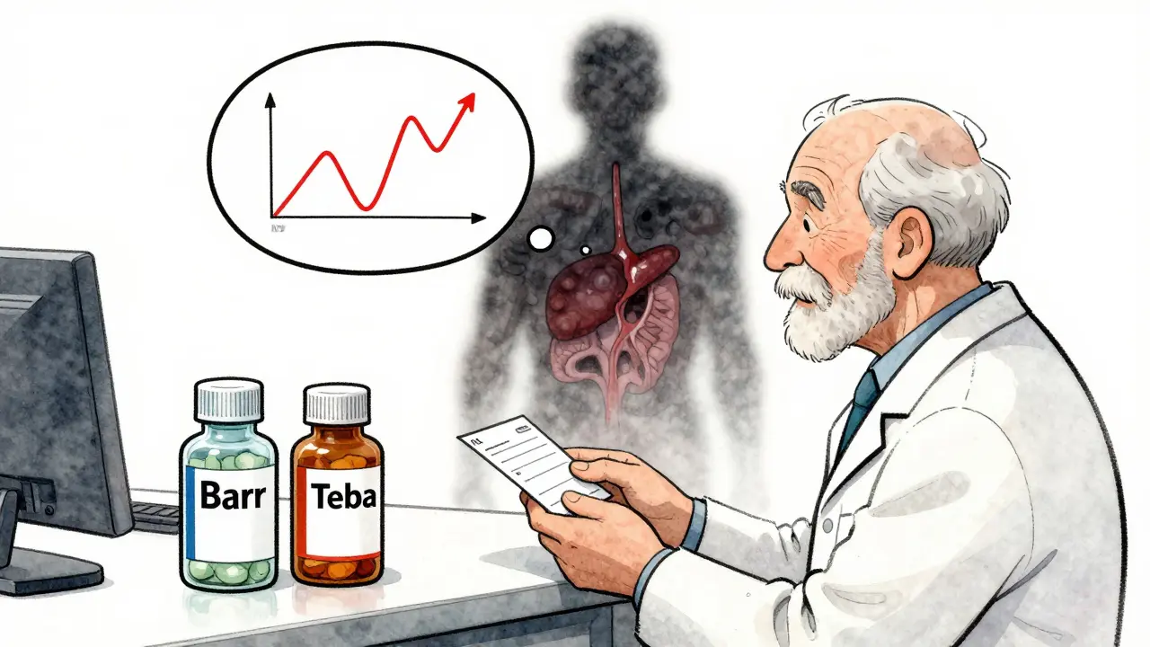 Pharmacist giving warfarin prescription as fluctuating INR graph floats above patient’s head.
