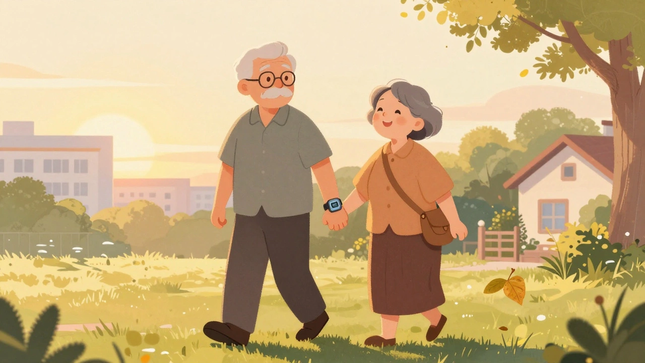 Senior couple walking happily in a park at sunset, symbolizing long-term heart health recovery.