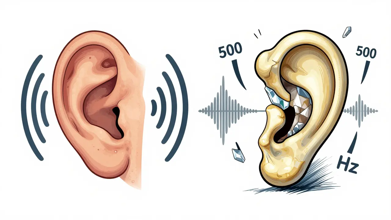 Side-by-side comparison of healthy and diseased ear with stapes bone fused by abnormal growth.