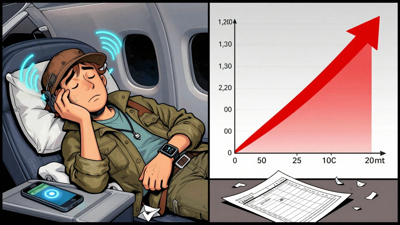 Sleeping traveler with alarms going off while viral load graph spikes dramatically.