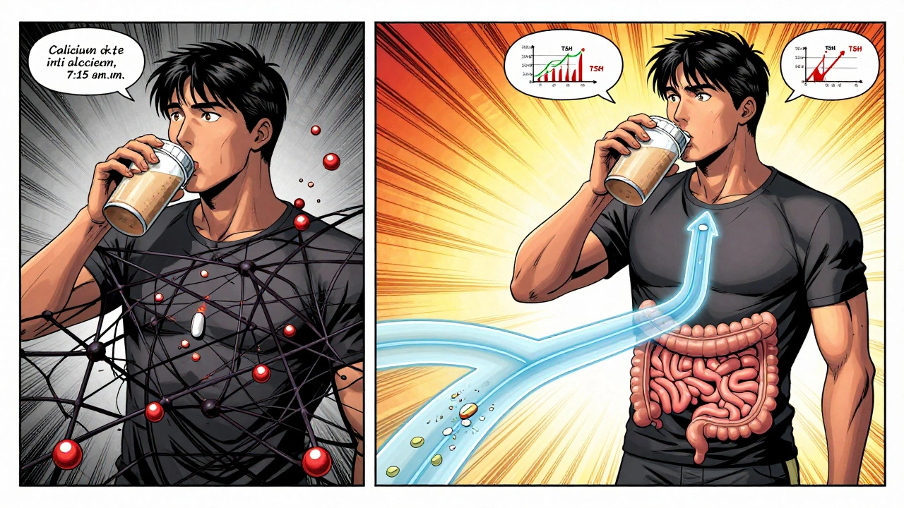 Split comic panel showing blocked vs. clear absorption of thyroid pill with protein shake interference.