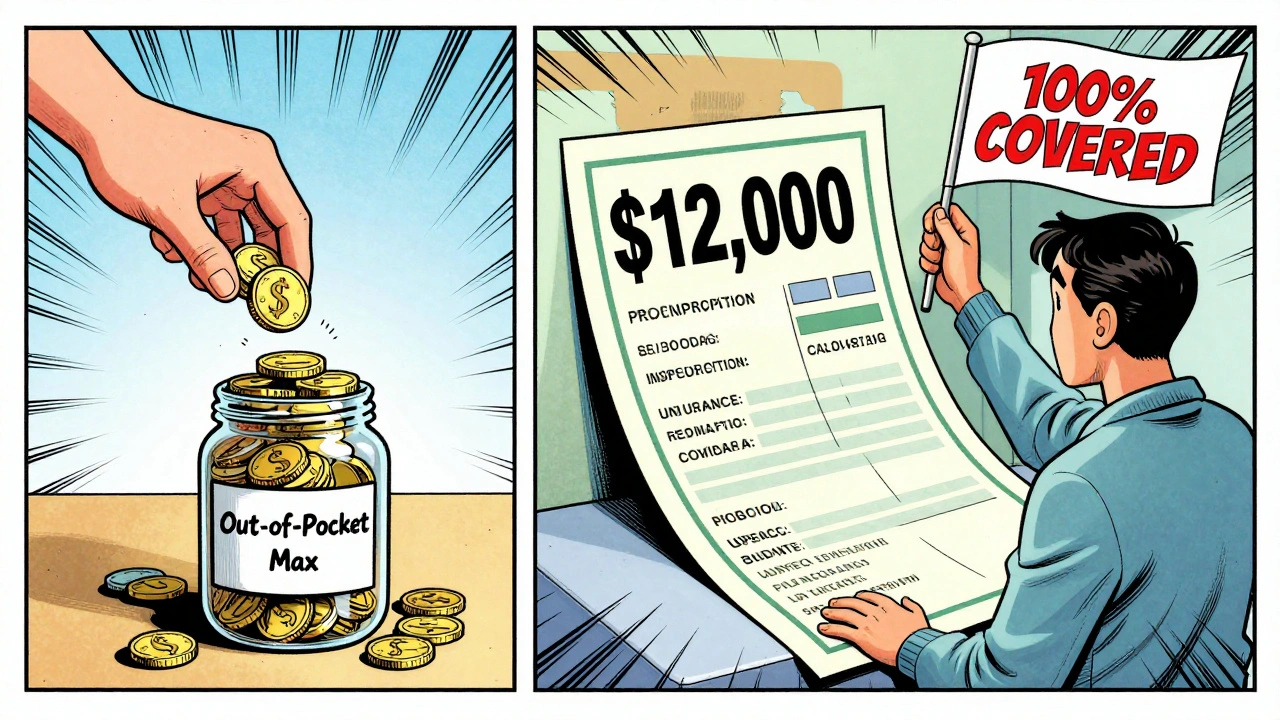 Split comic scene: prescription copays fill an out-of-pocket max jar while a hospital bill is fully covered by insurance, deductible untouched.