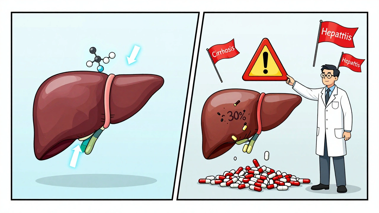 Split illustration showing healthy vs. damaged liver converting prednisone to prednisolone with glowing arrows and warning signs.