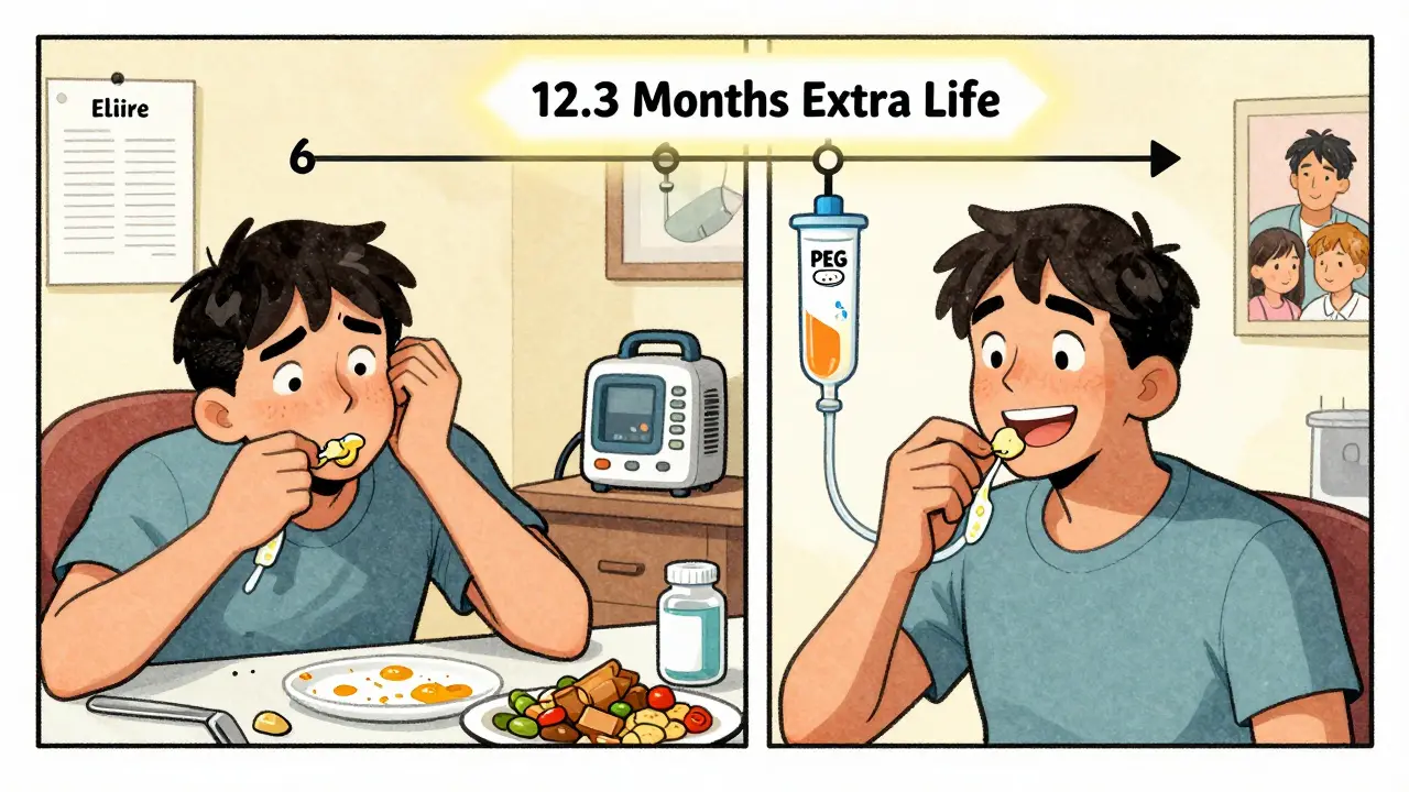 Split-panel comparison: before and after PEG and NIV use, showing improved energy and life extension with medical support.
