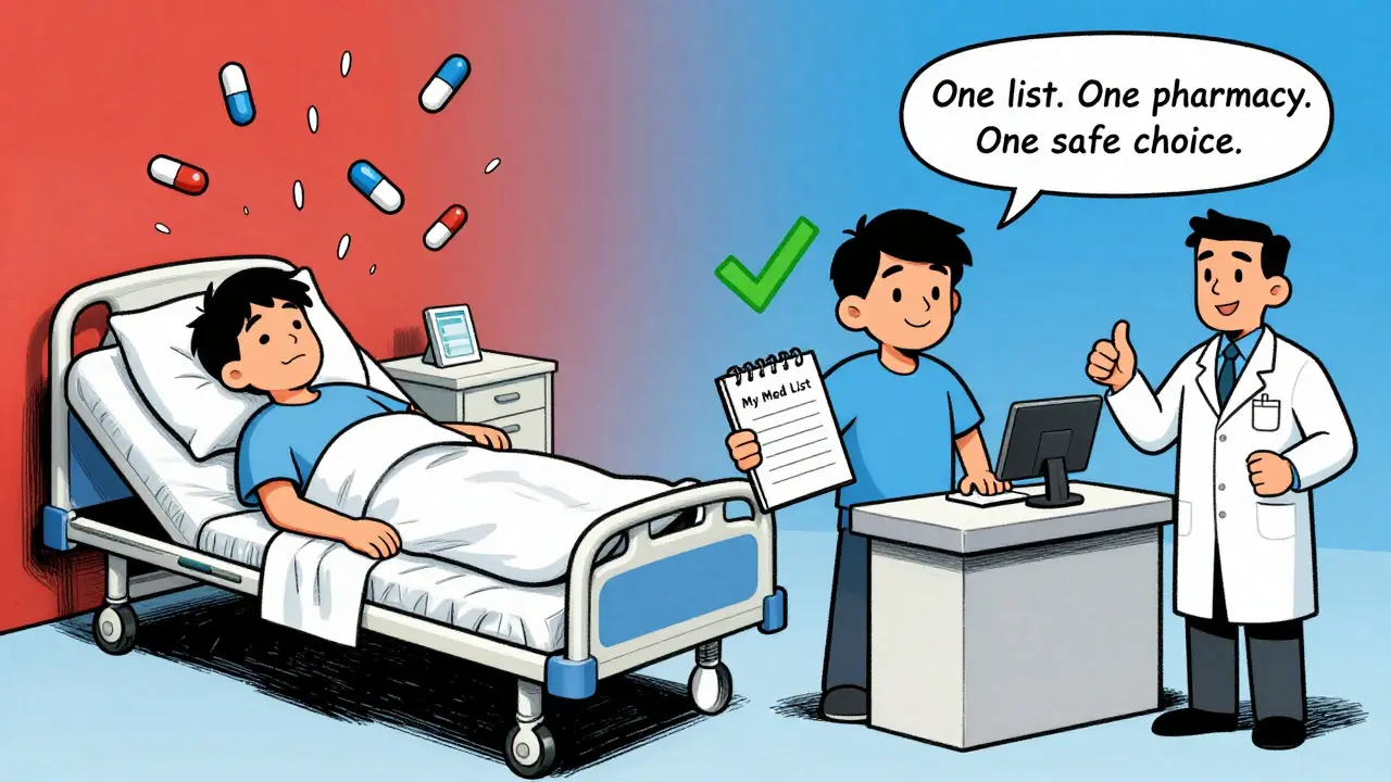 Split scene: hospital emergency vs. safe medication management with notebook and single pharmacy, cartoon illustration.