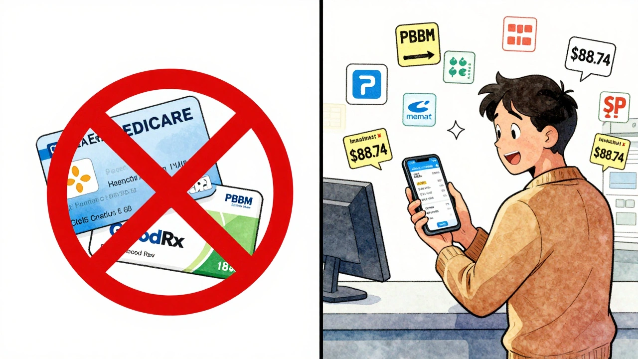 Split scene: Medicare and GoodRx coupon with prohibition symbol vs. person paying  for cancer drug at Walmart.