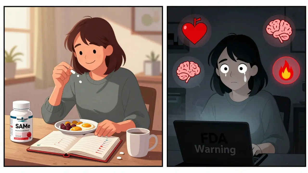 Split scene: person safely taking SAMe with food vs. same person overwhelmed by warning symbols.