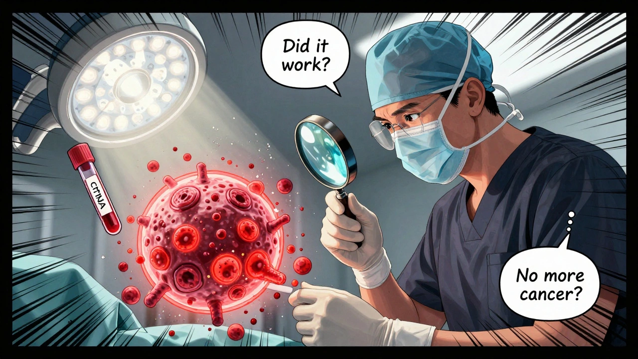 Surgeon examining a tumor specimen with cancer cells dissolving, blood test vial nearby.
