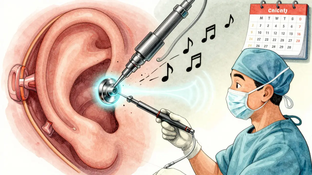 Surgeon inserting tiny piston into ear to restore hearing, with sound waves flowing back to cochlea.