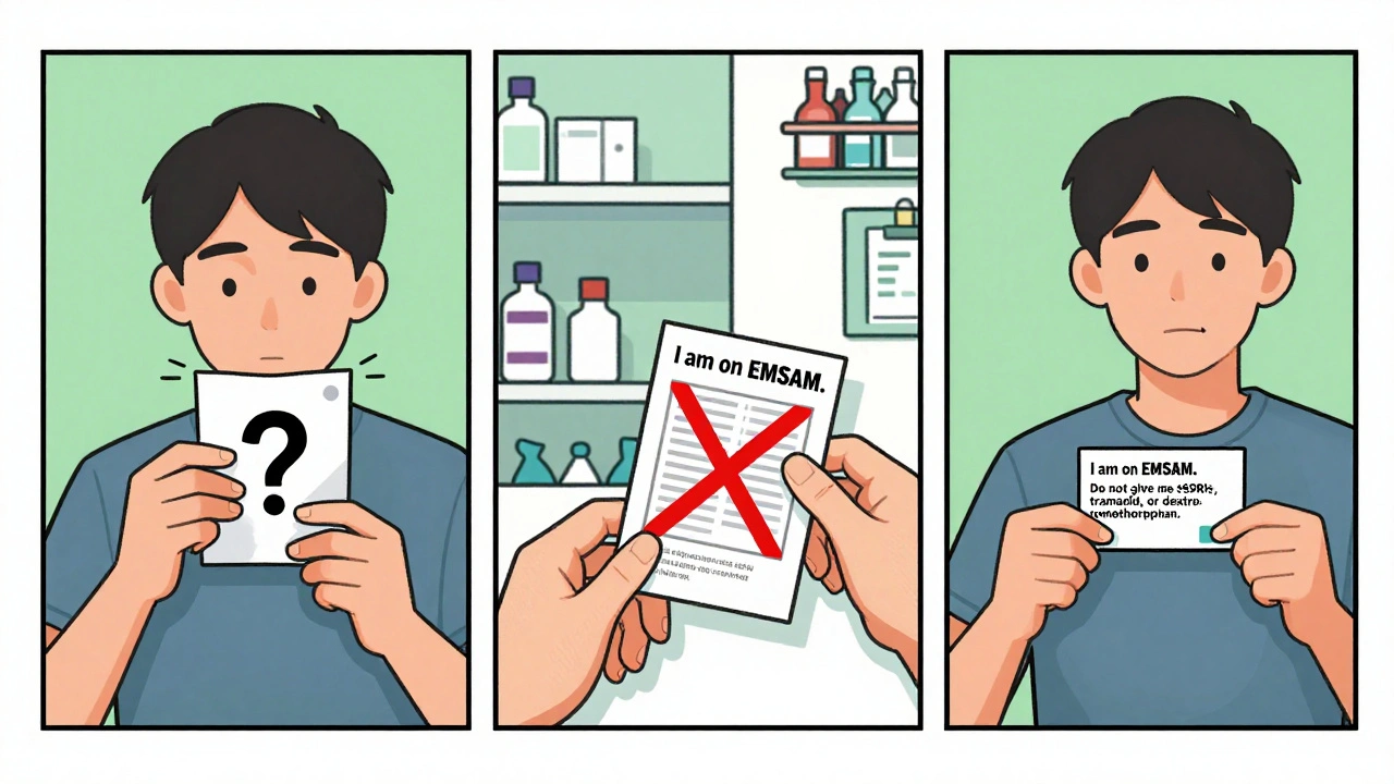 Three-panel comic showing patient learning safety rules with a warning wallet card.