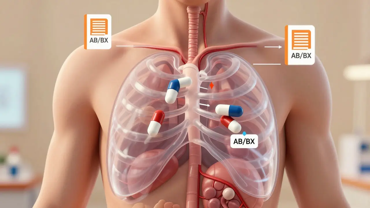 Transparent human body showing drug molecules entering bloodstream with absorption rate indicators.