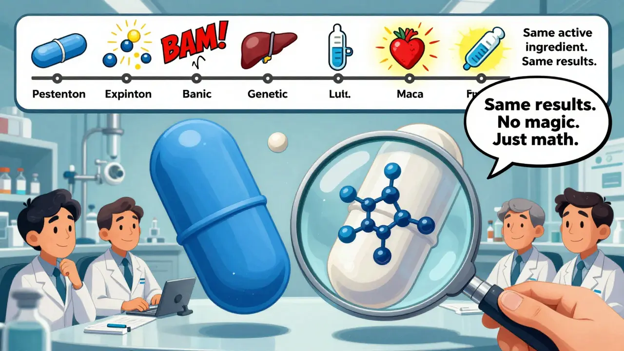 Two pills side by side with identical molecules visible under magnifying glass, FDA inspectors approving, patent expiration explosion.