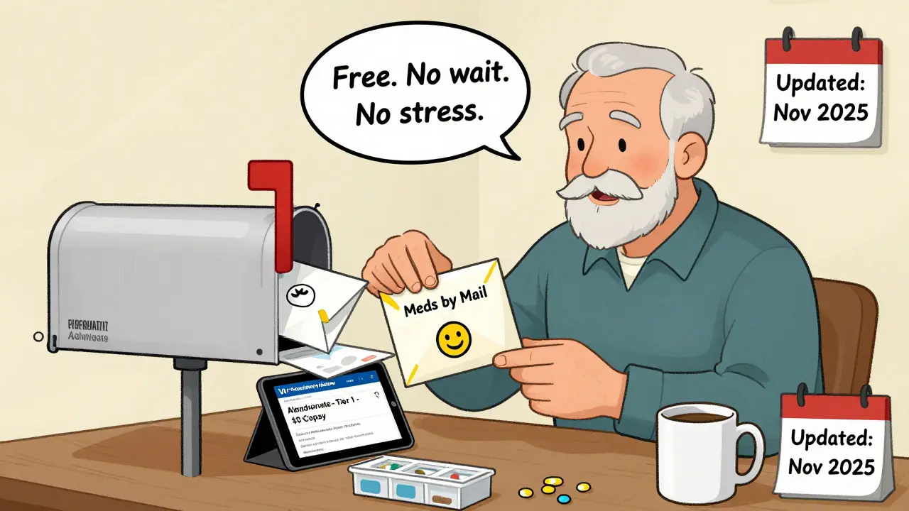 Veteran opens Meds by Mail package at home with VA formulary advisor screen visible.