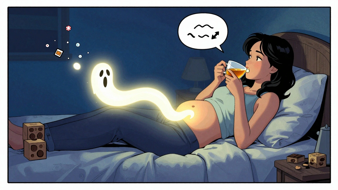 Woman sleeping with elevated head, sipping ginger tea and chewing gum at night.