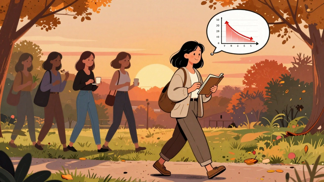 Woman walking in park with food diary, heartburn graph improving behind her.