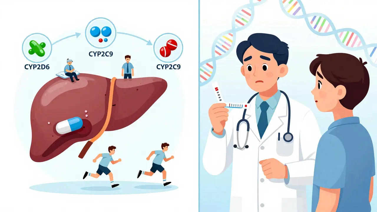 A liver with tiny worker enzymes processing pills, showing slow and fast metabolizers.