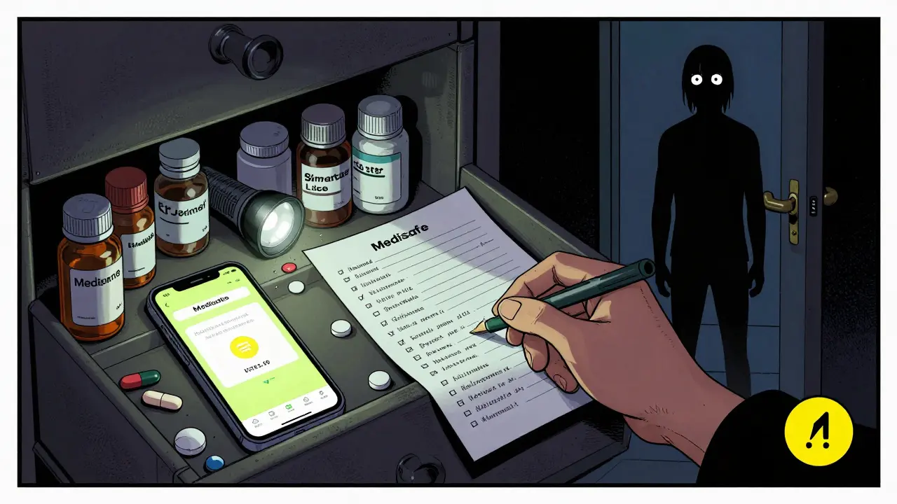 A messy medicine drawer at night with expired pills and a written list, illuminated by a flashlight.