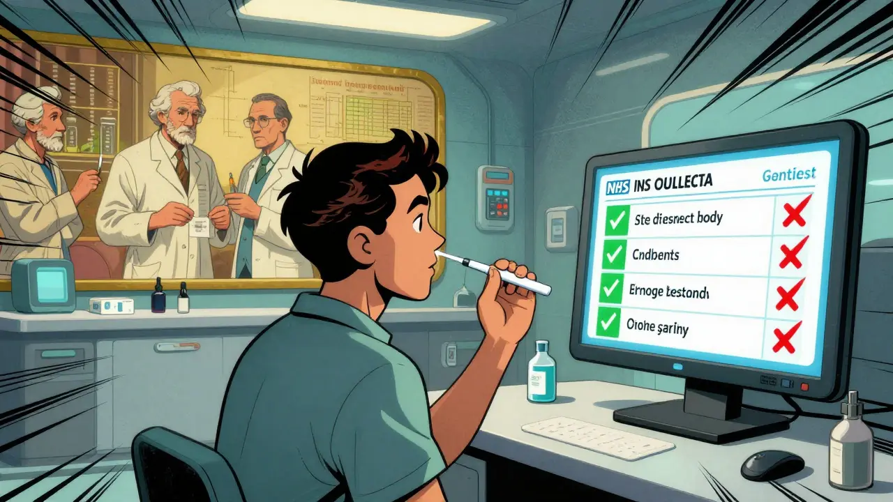 A patient gets a genetic test at a clinic while a screen displays personalized drug safety info.