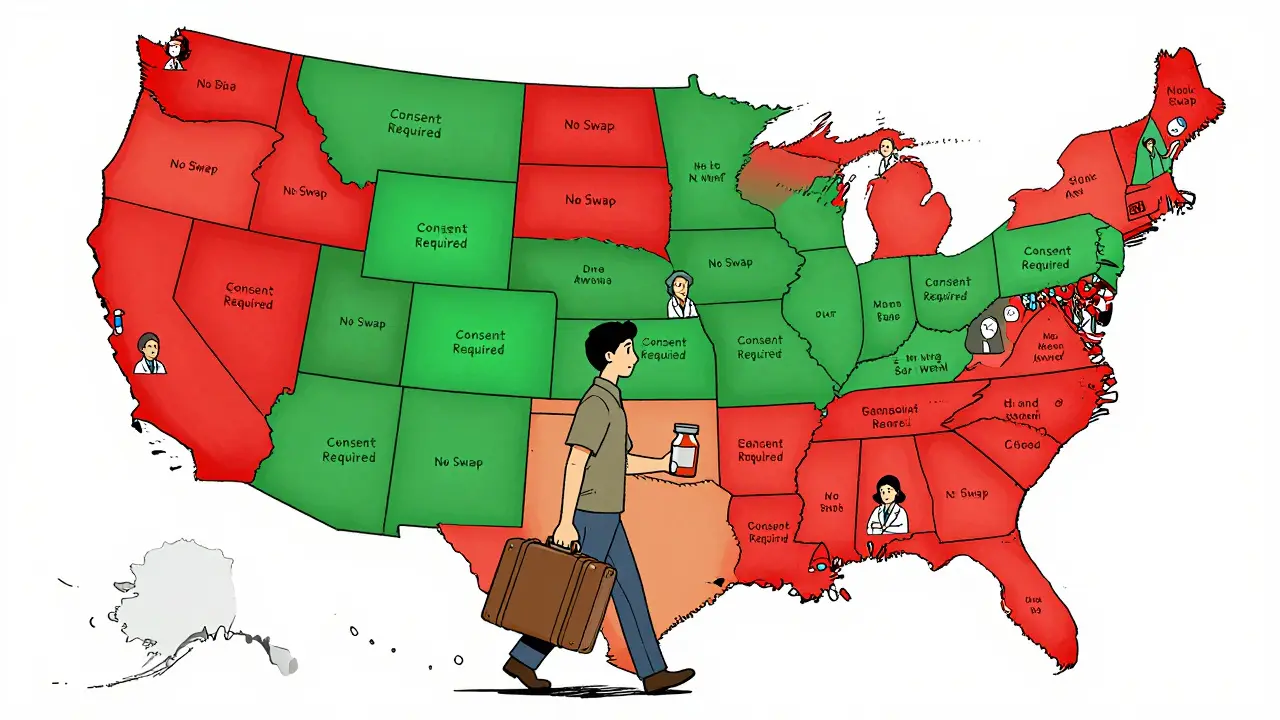 A patient walking across a U.S. map where each state has different rules for NTI drug substitution.