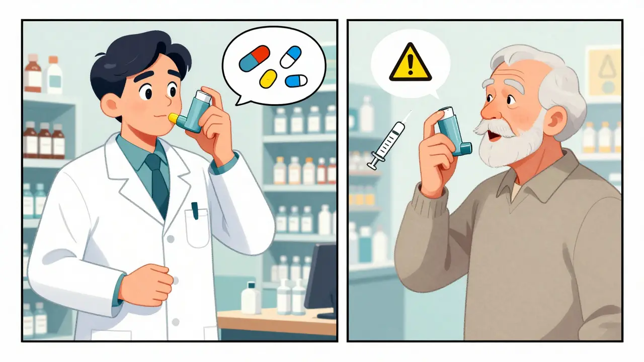 A pharmacist shows a senior how to correctly use an inhaler in a bright pharmacy setting.