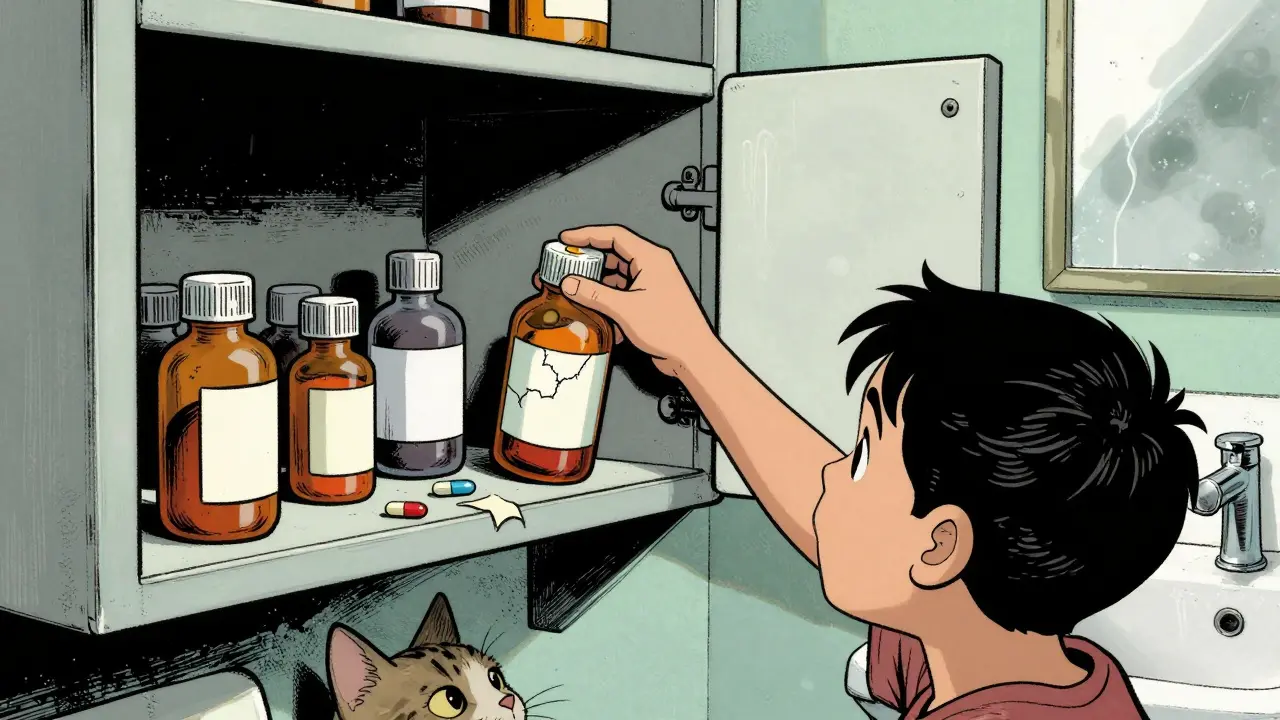 Child reaching into an unlocked medicine cabinet while a cat watches nearby.
