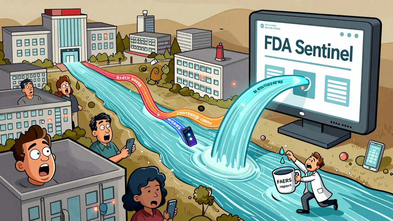 Data river flows into FDA monitor as a tired doctor tries to report side effects with a teacup.