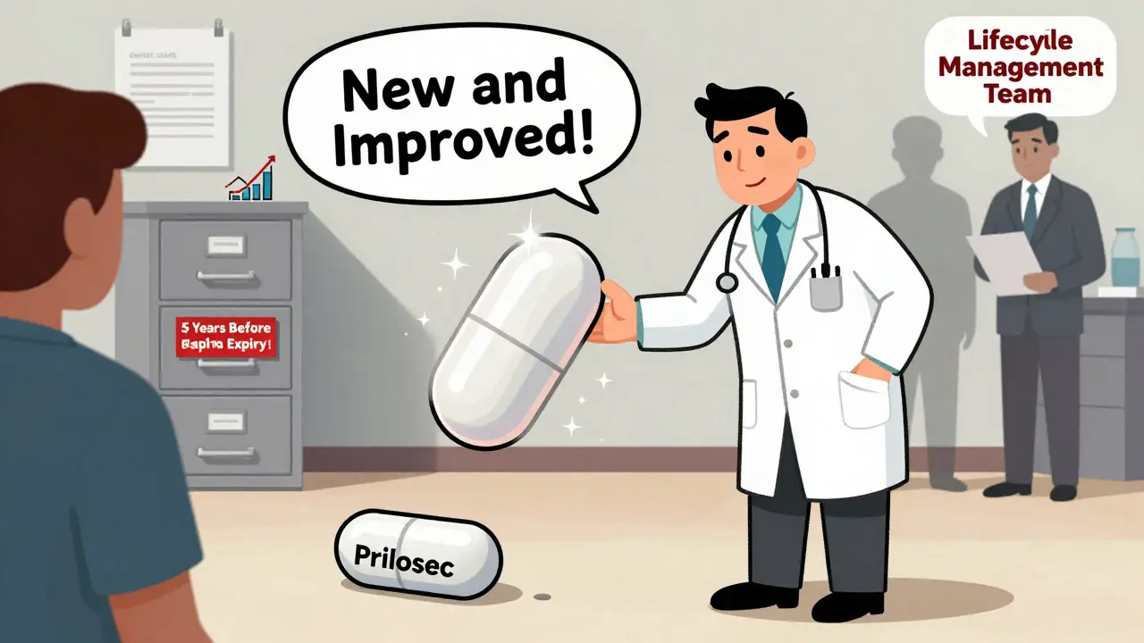 Doctor giving a shiny new pill to a patient while an old pill is thrown away, prices rising in the background.