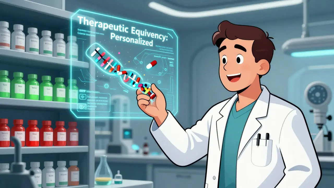 Doctor holding DNA strand turning into personalized pills, holograms showing safe and risky combination drugs.