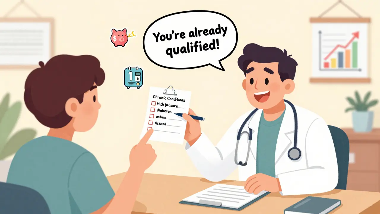 Doctor writing 90-day prescription while patient points to chronic condition checklist in office