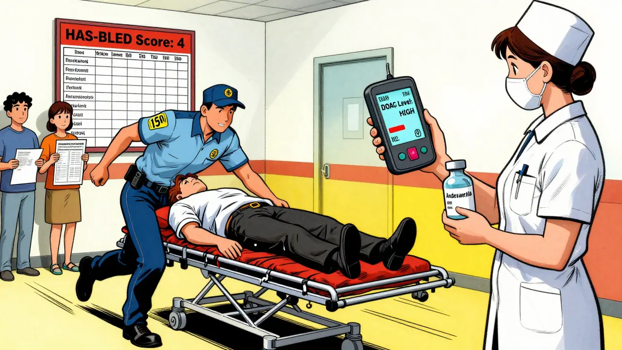 Emergency team administers antidote to patient with high DOAC levels in hospital setting.