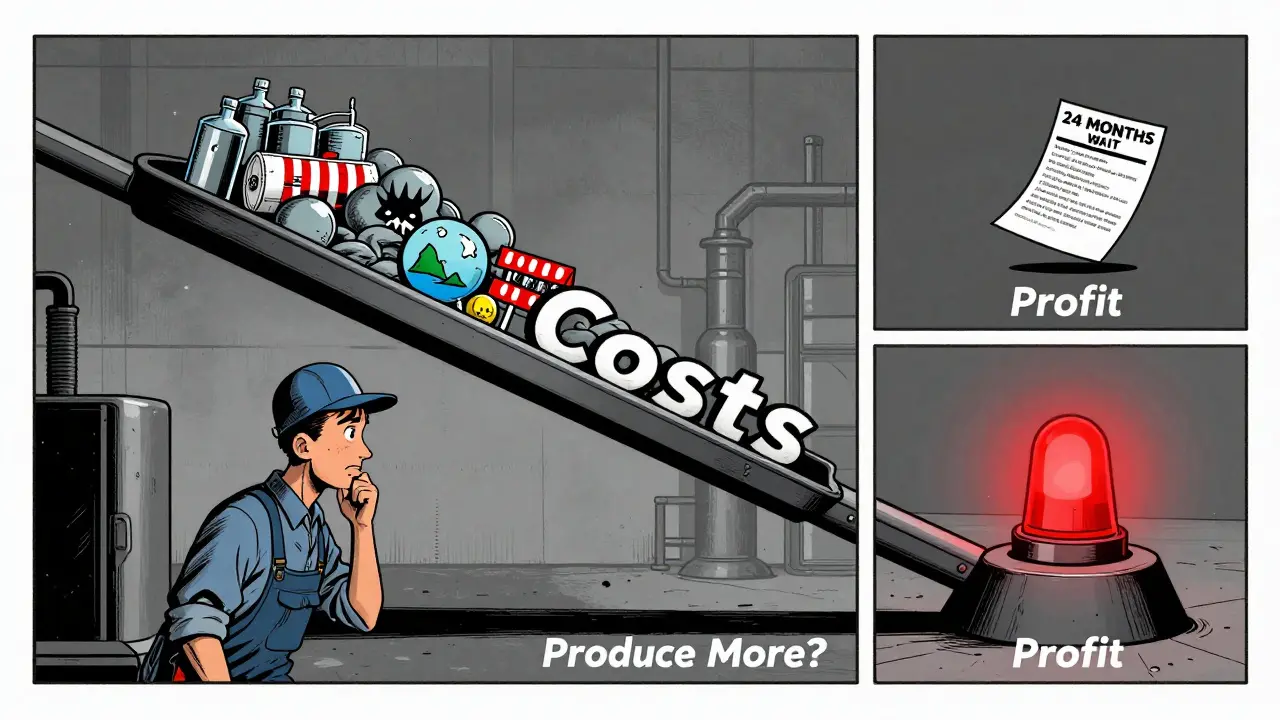 Factory worker facing a scale tipped by rising production costs, with FDA approval form floating above.