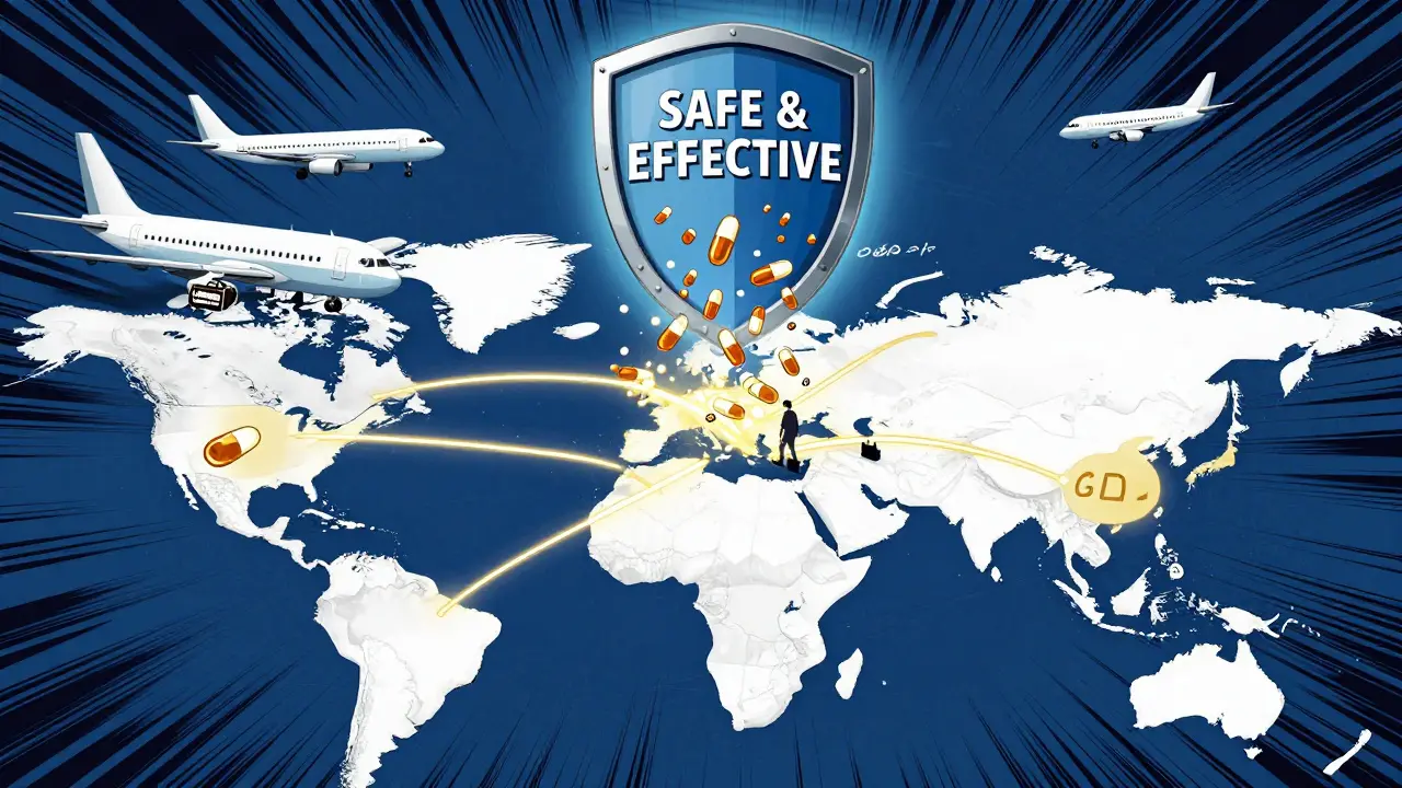 Global network of generic drug inspections connecting international factories to FDA office, with protective shield over pills, drawn in bold cartoon style.