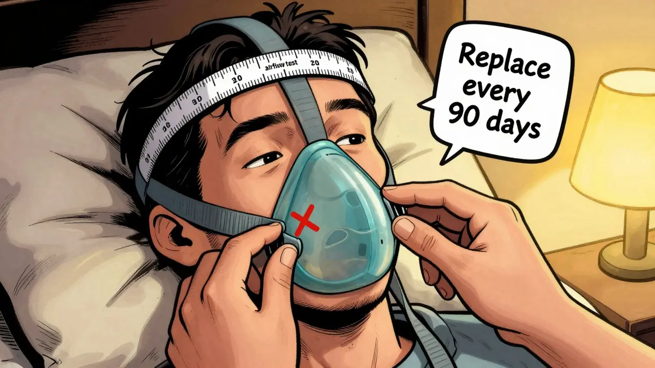 Hands adjusting CPAP mask headgear with airflow test checklist, worn cushion marked for replacement.